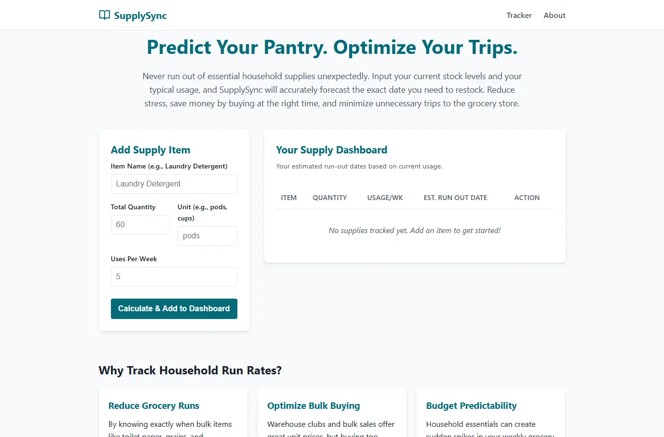 Screenshot of SupplySync: Essential Depletion Tracker interface showing the project page in use